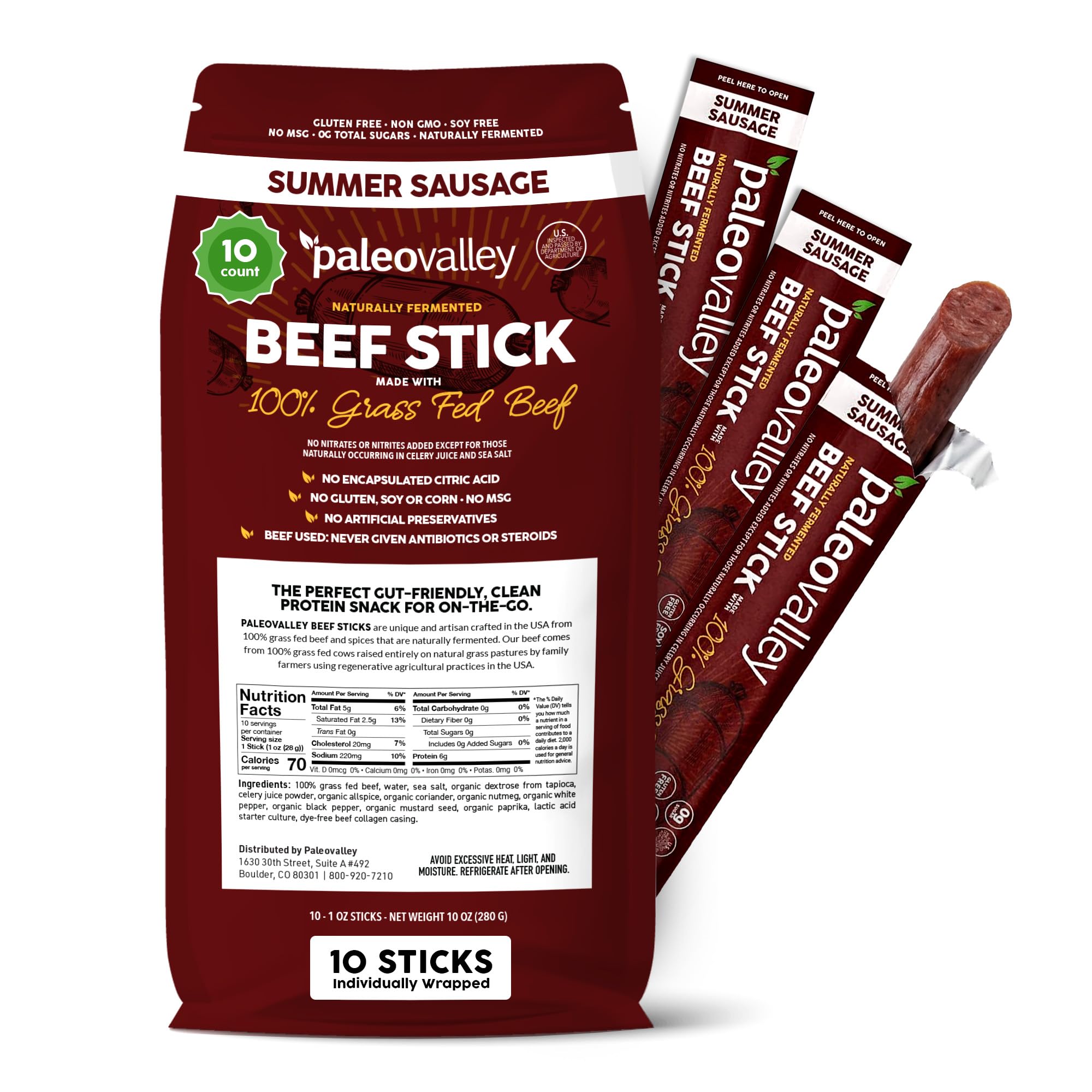 Paleovalley empaque frontal mostrando beef sticks y conveniencia
