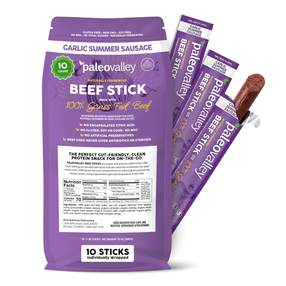 Paleovalley salchicha al ajo frontal en paquete, snack proteico práctico