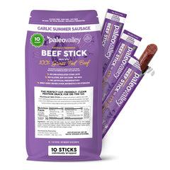Paleovalley salchicha al ajo frontal en paquete, snack proteico práctico