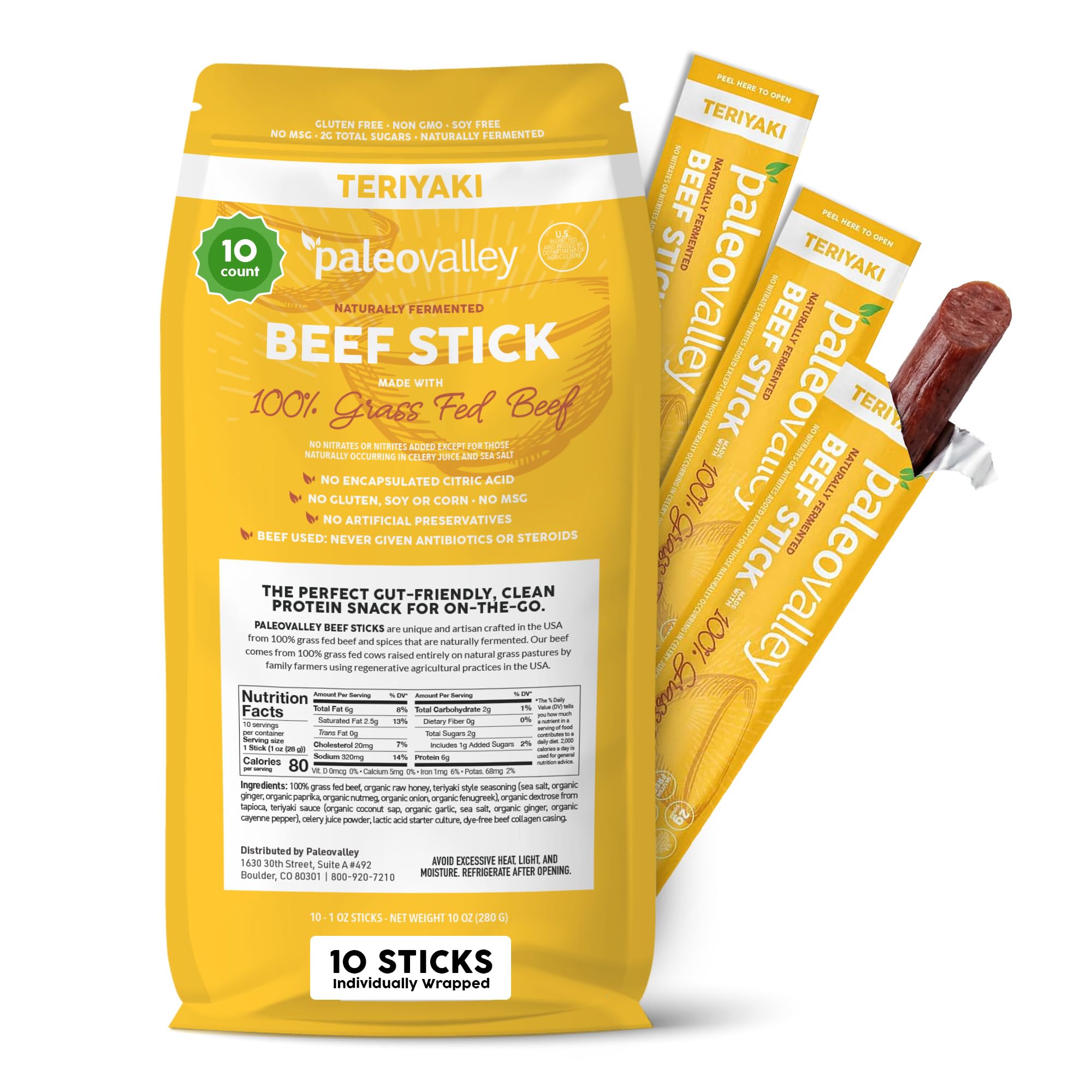 Paleovalley front packaging showing teriyaki beef sticks and clear nutrition benefits
