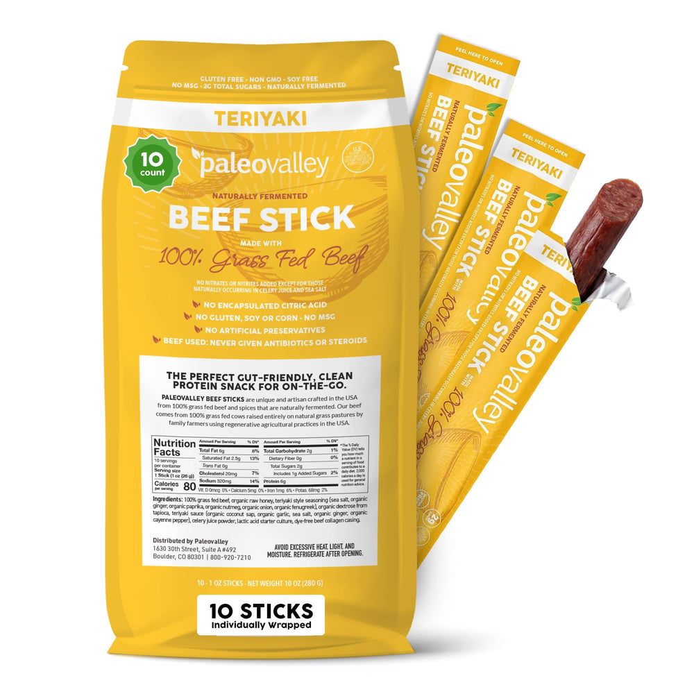 Paleovalley front packaging showing teriyaki beef sticks and clear nutrition benefits