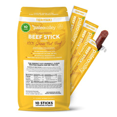 Paleovalley front packaging showing teriyaki beef sticks and clear nutrition benefits