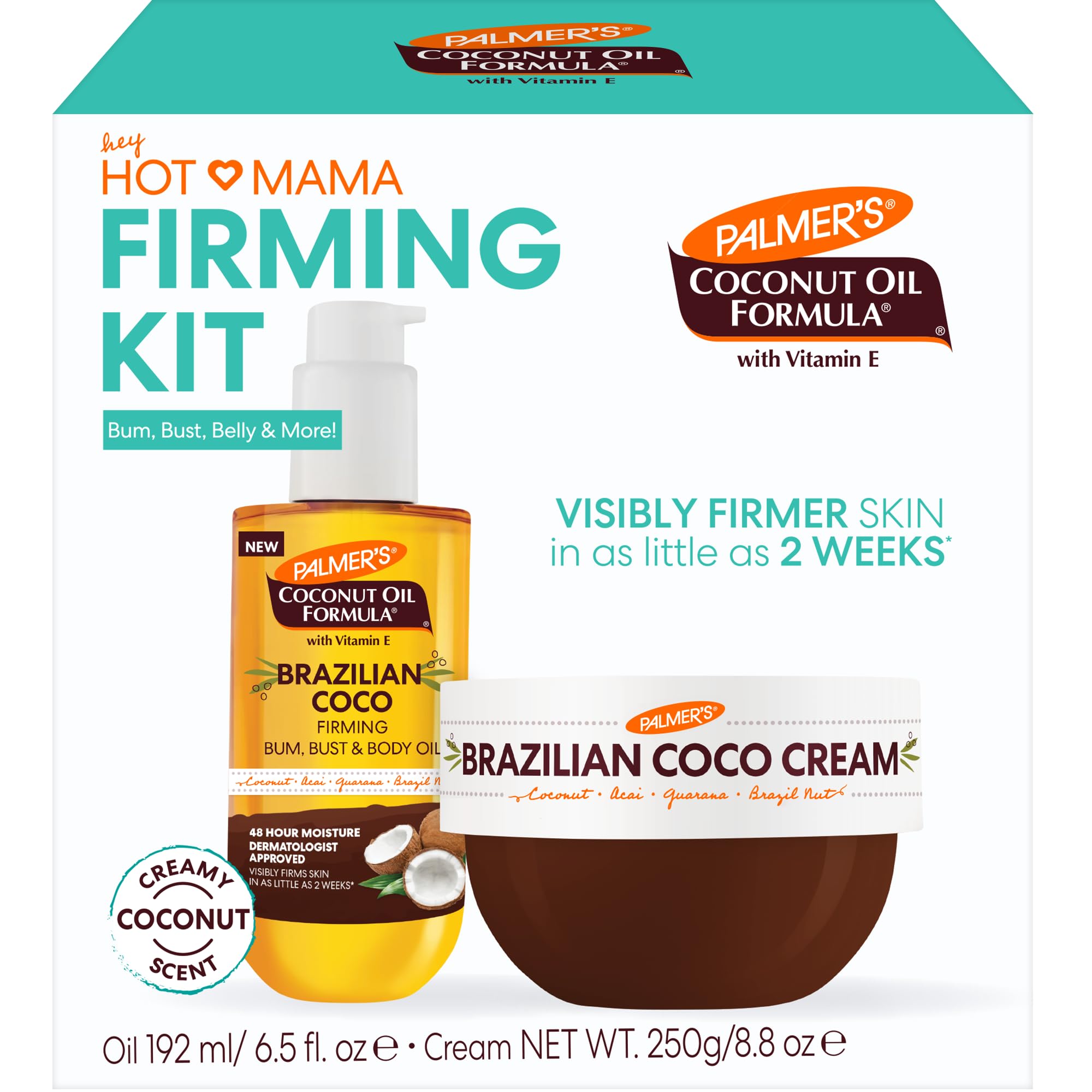 Palmer's crema Brazilian Coco frontal mostrando envase y beneficios hidratantes