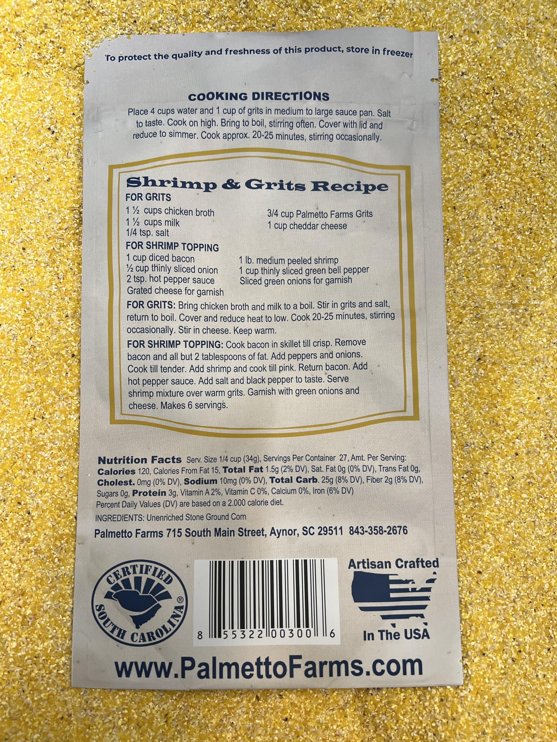 Palmetto Farms etiqueta con información Non-GMO y sin gluten clara