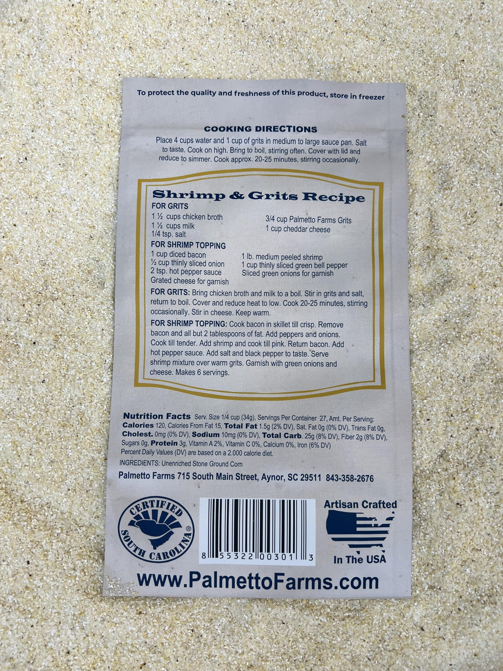 Palmetto Farms etiqueta con ingredientes y sello sin gluten visible