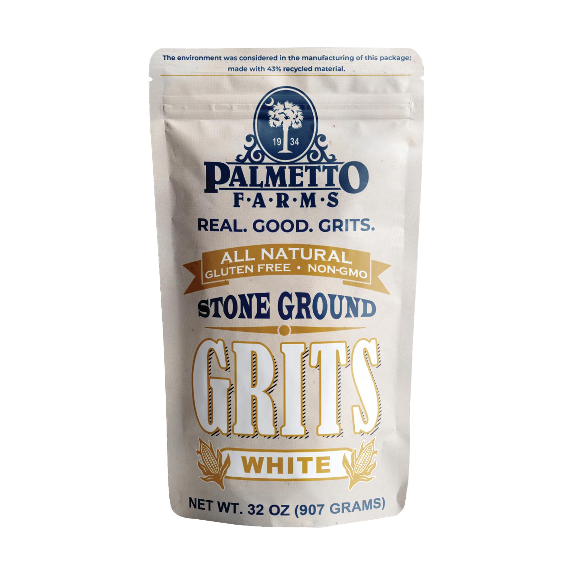 Palmetto Farms frente del empaque mostrando sello tradicional y bolsa resealable