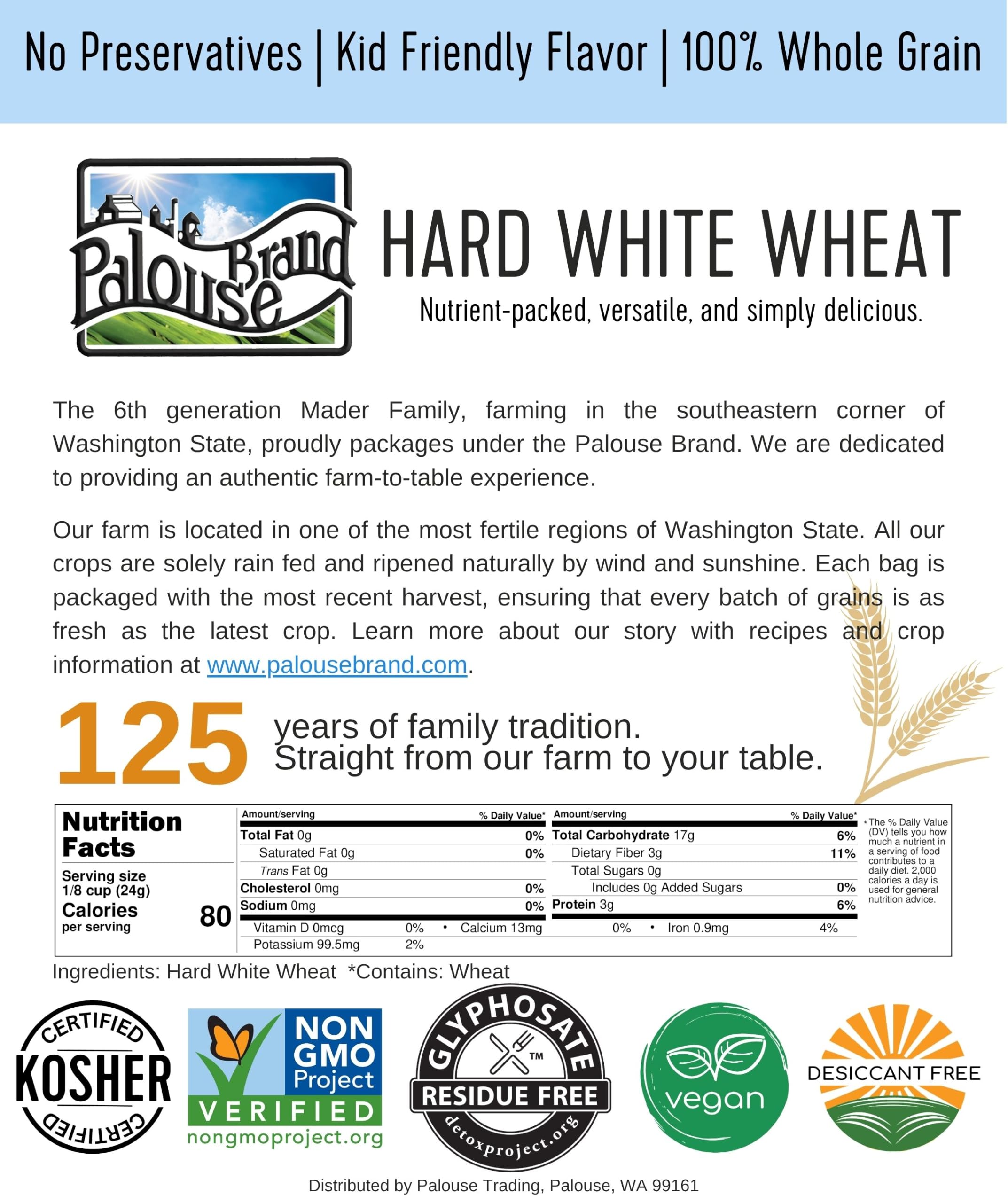 Palouse Brand etiqueta con sellos Non-GMO y libre de glifosato visibles