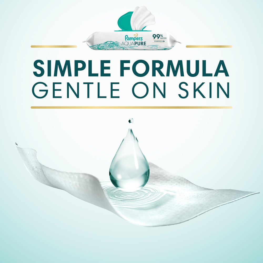 Etiqueta de ingredientes Pampers mostrando 99% agua, fórmula simple