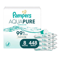 Pampers paquete frontal mostrando 448 toallitas para limpieza suave