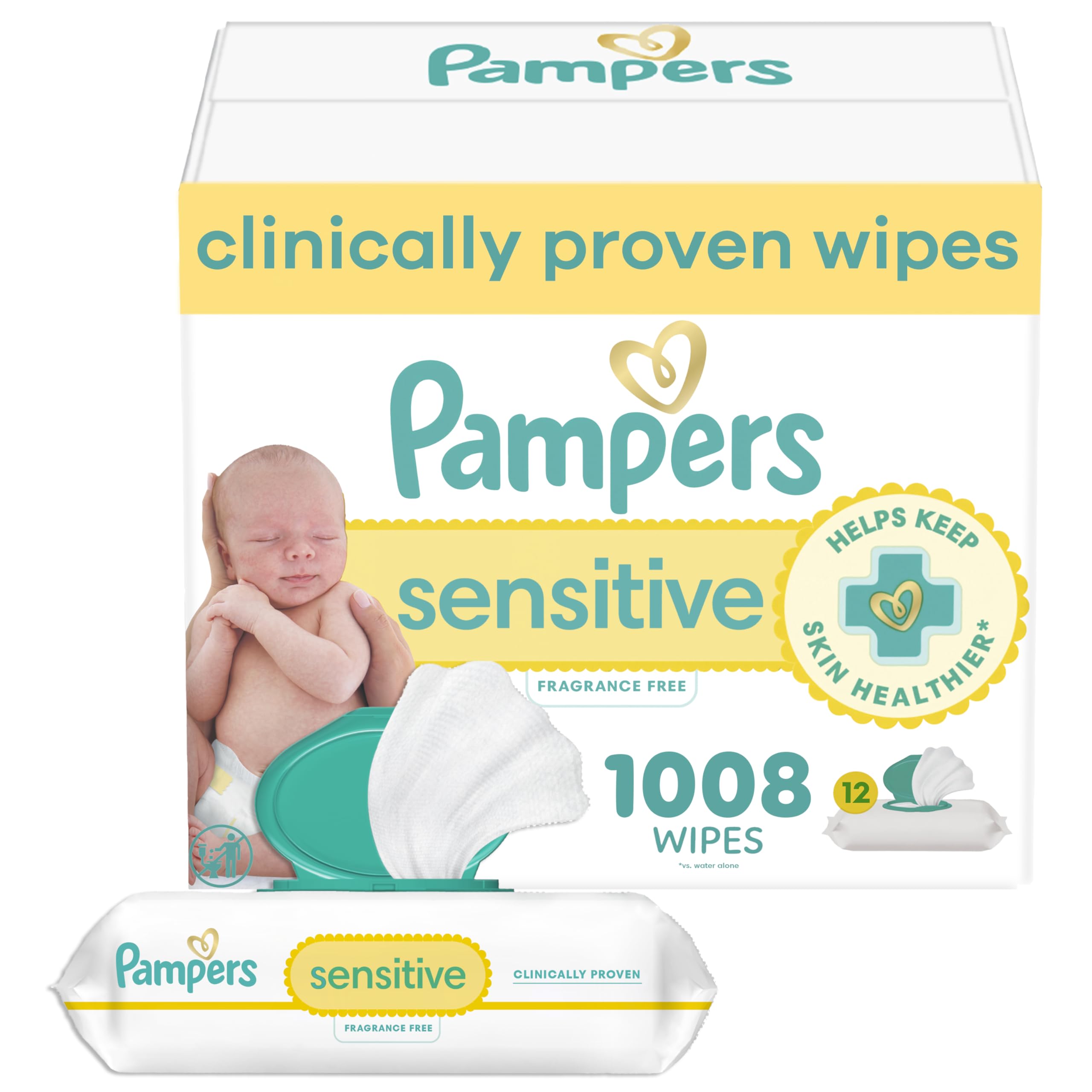 Pampers paquete frontal con 12 packs mostrando cantidad y tapa, práctico para hogares
