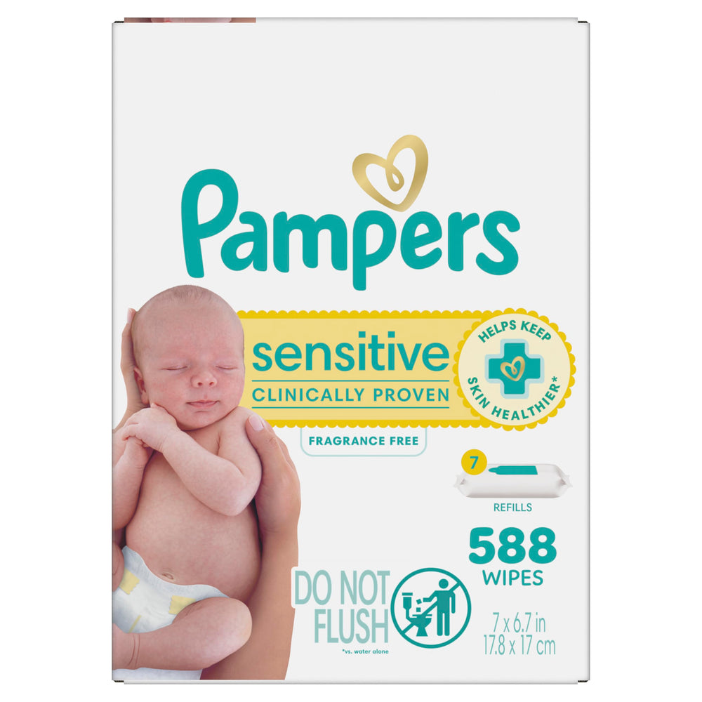 Pampers Toallitas Sensitive vista frontal mostrando paquete grande y ventaja de cantidad