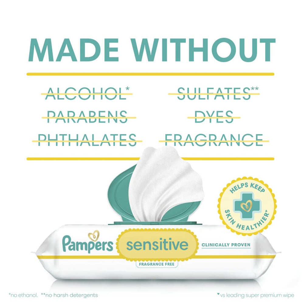 Pampers Toallitas Sensitive comparación de tamaño para mostrar cantidad y conveniencia