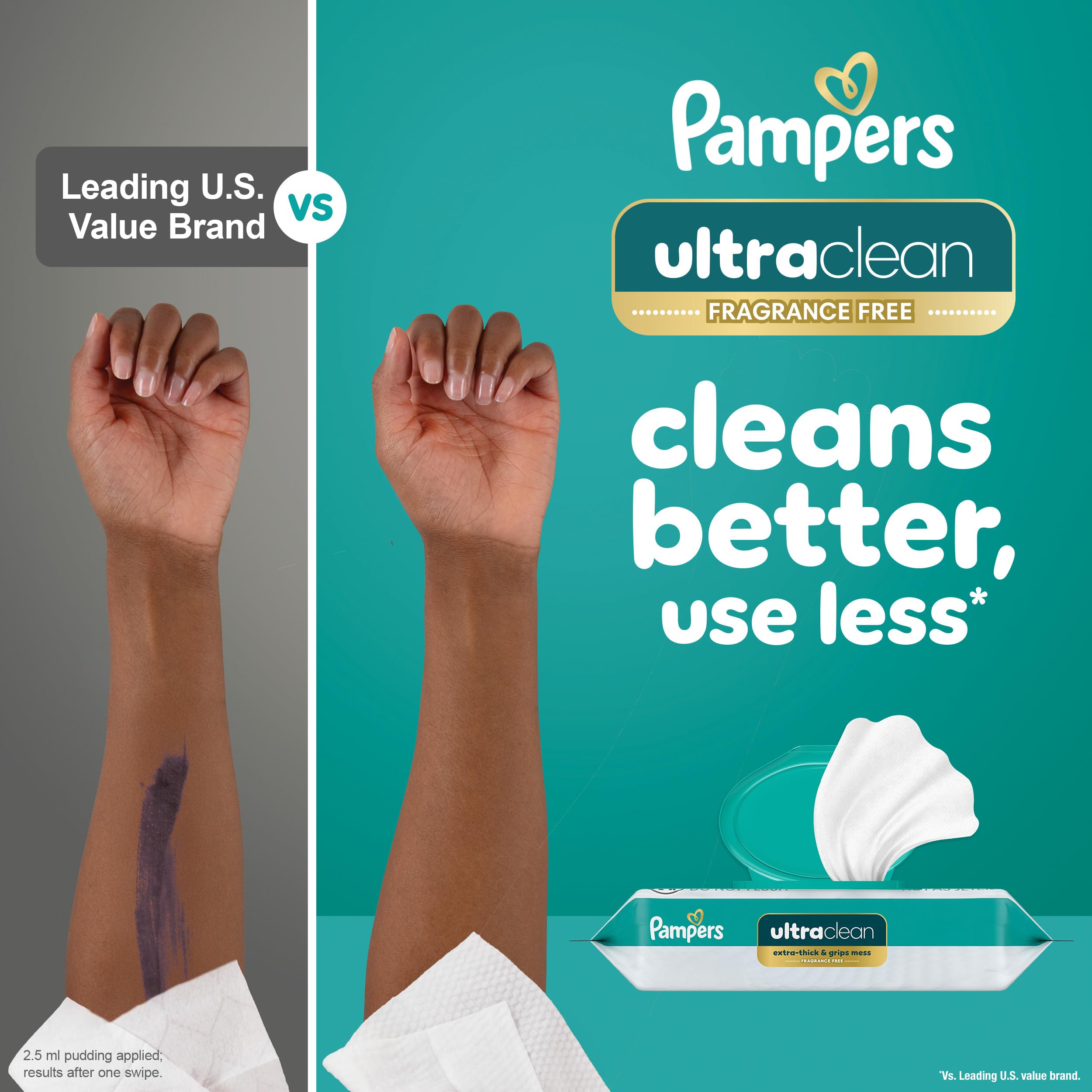 Pampers Ultraclean paquetes apilados indicando 12 paquetes y 936 toallitas