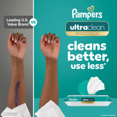 Pampers Ultraclean paquetes apilados indicando 12 paquetes y 936 toallitas