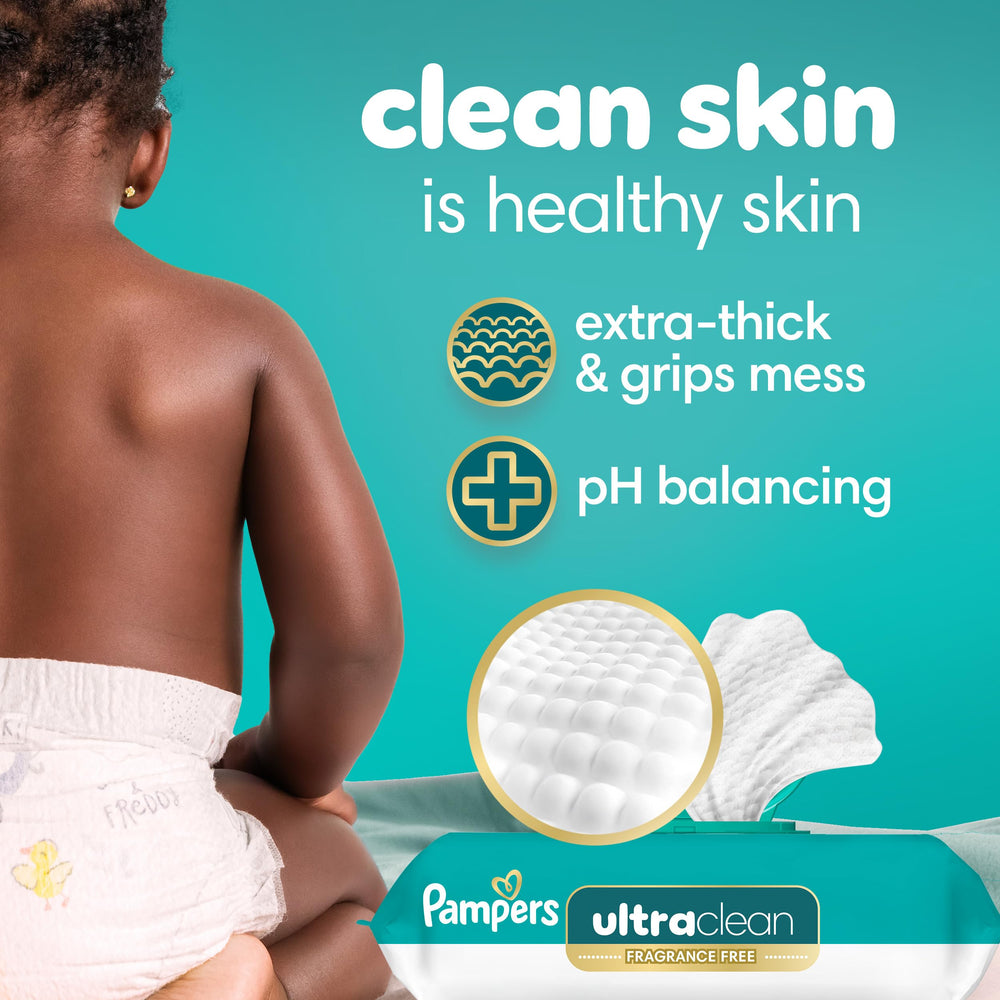 Pampers Ultraclean tapa pop-top dispensando una toallita fácilmente