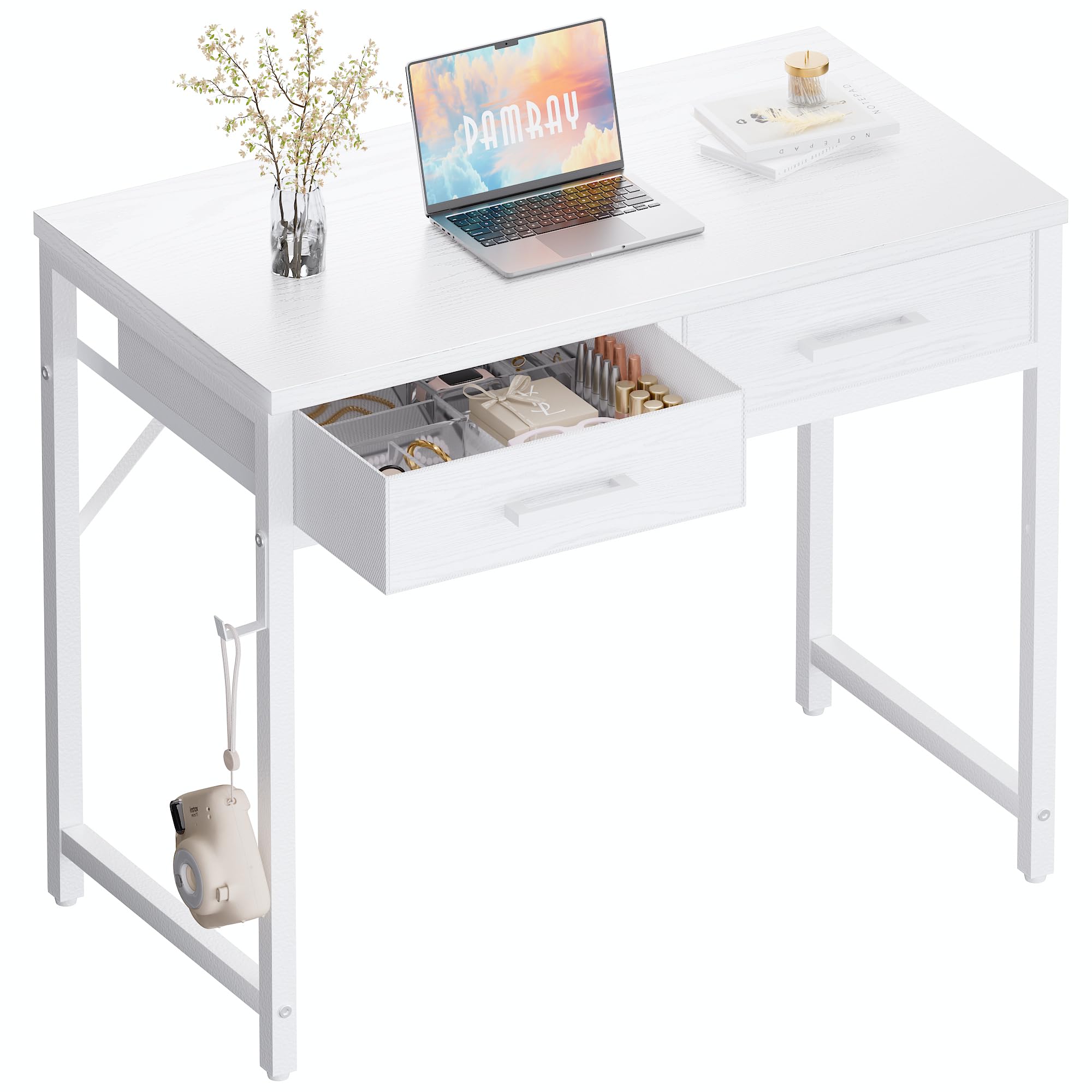Pamray escritorio blanco frontal mostrando superficie limpia y organizada