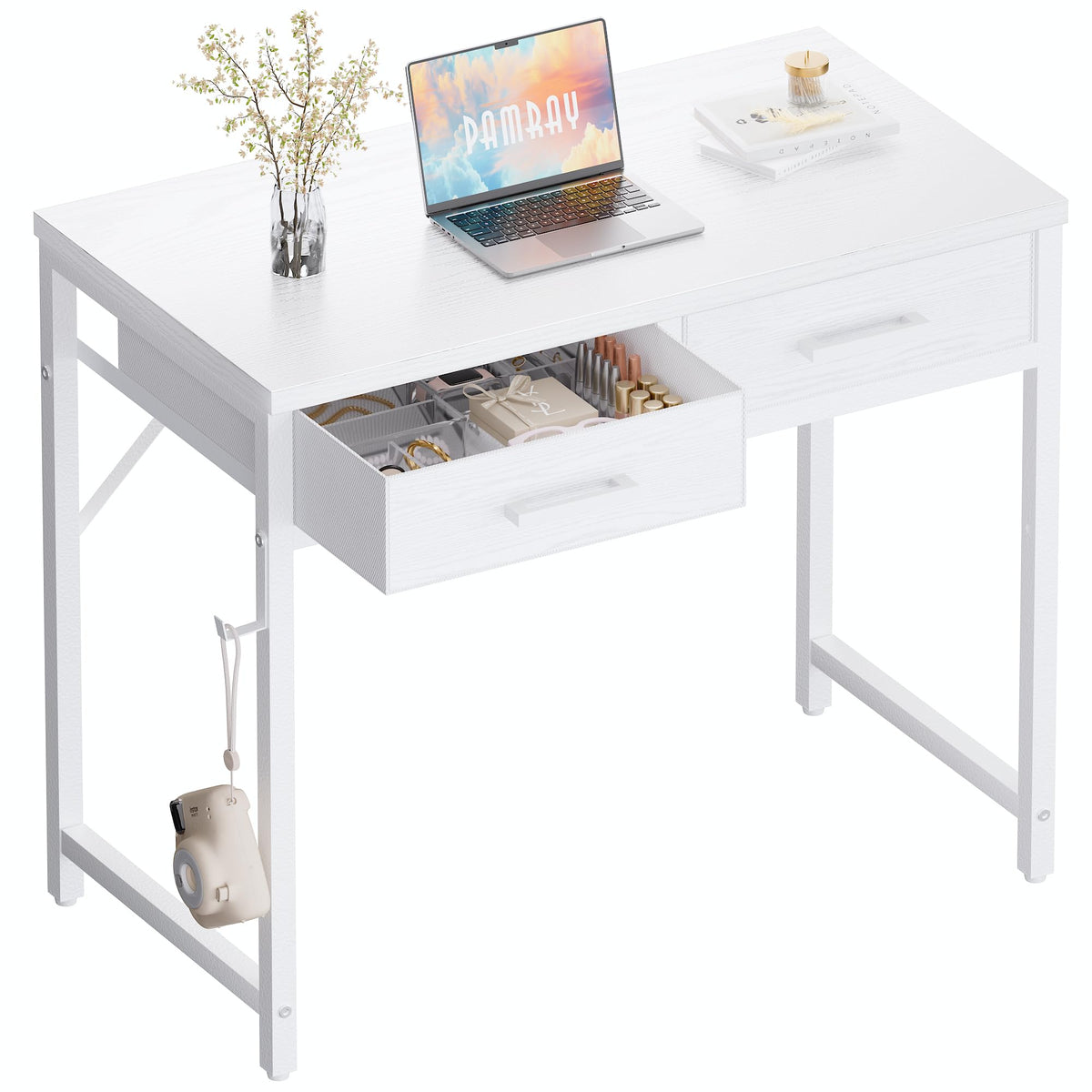Pamray escritorio blanco frontal mostrando superficie limpia y organizada