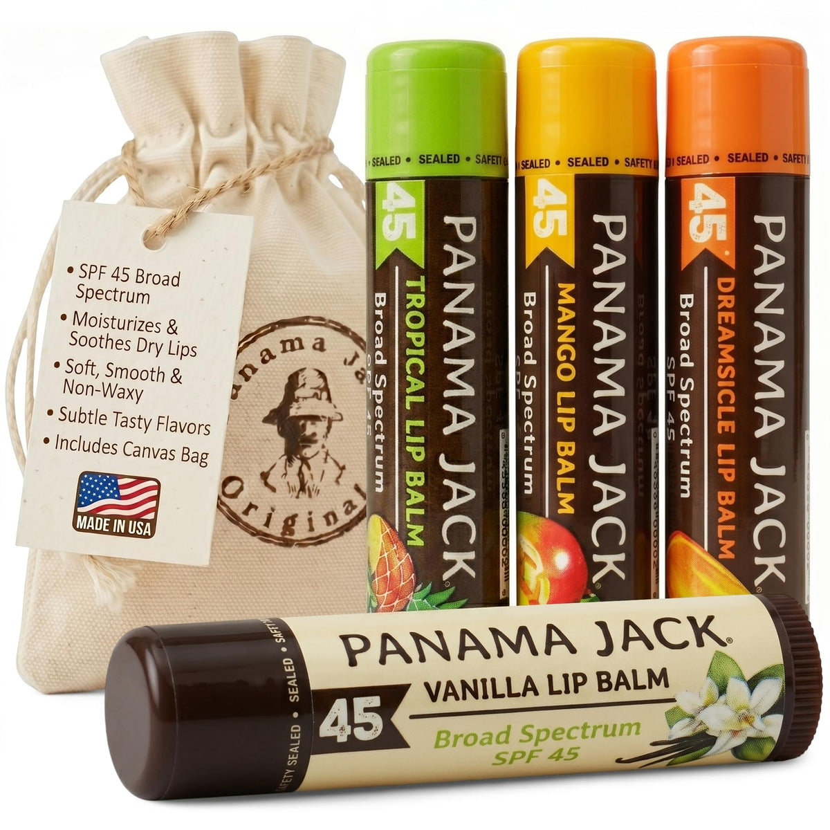 Panama Jack vista frontal del pack con cuatro bálsamos para protección solar