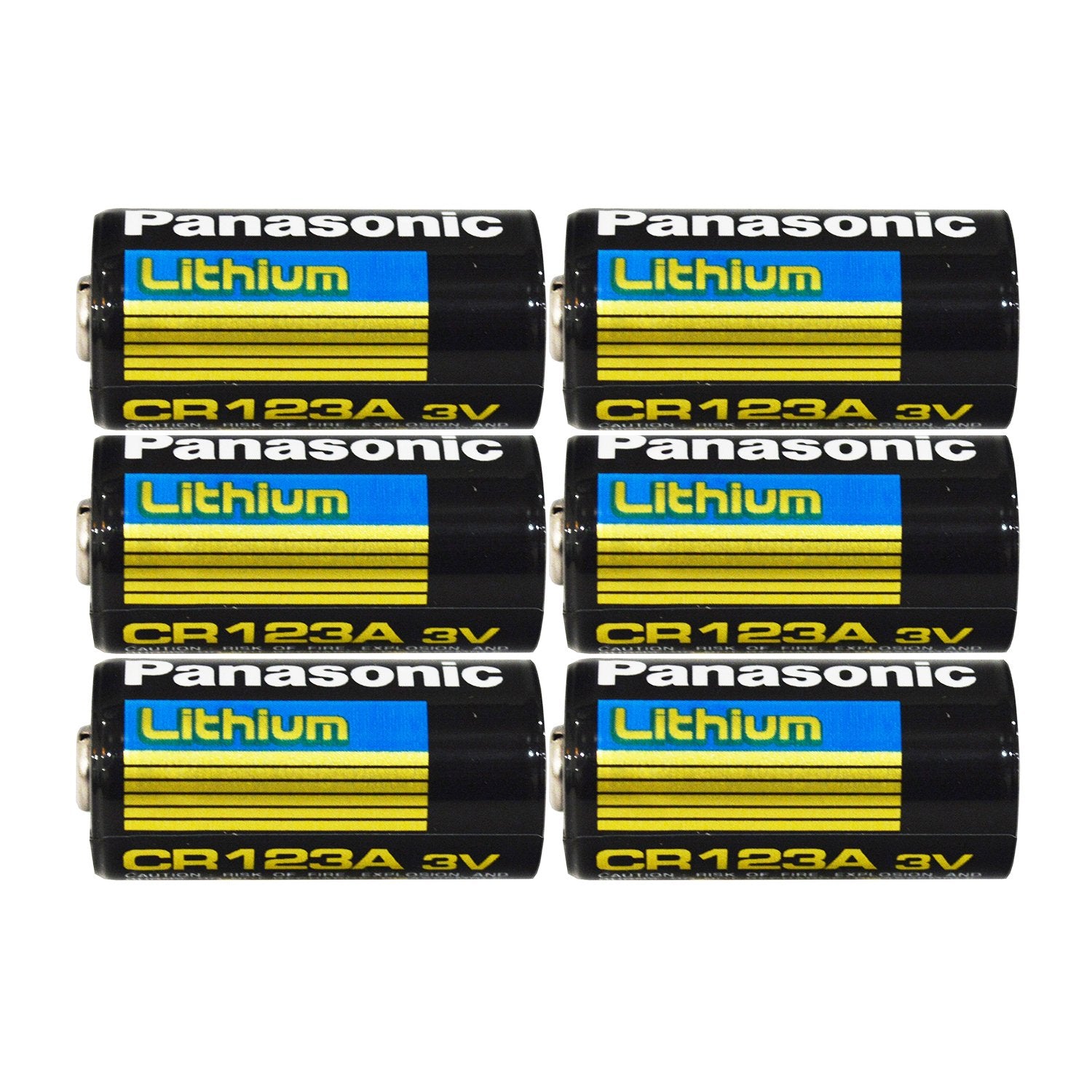 Panasonic CR123A frontal mostrando pack de 6, energía confiable para cámaras