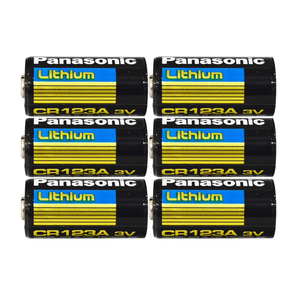 Panasonic CR123A frontal mostrando pack de 6, energía confiable para cámaras