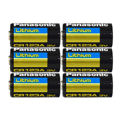 Panasonic CR123A frontal mostrando pack de 6, energía confiable para cámaras