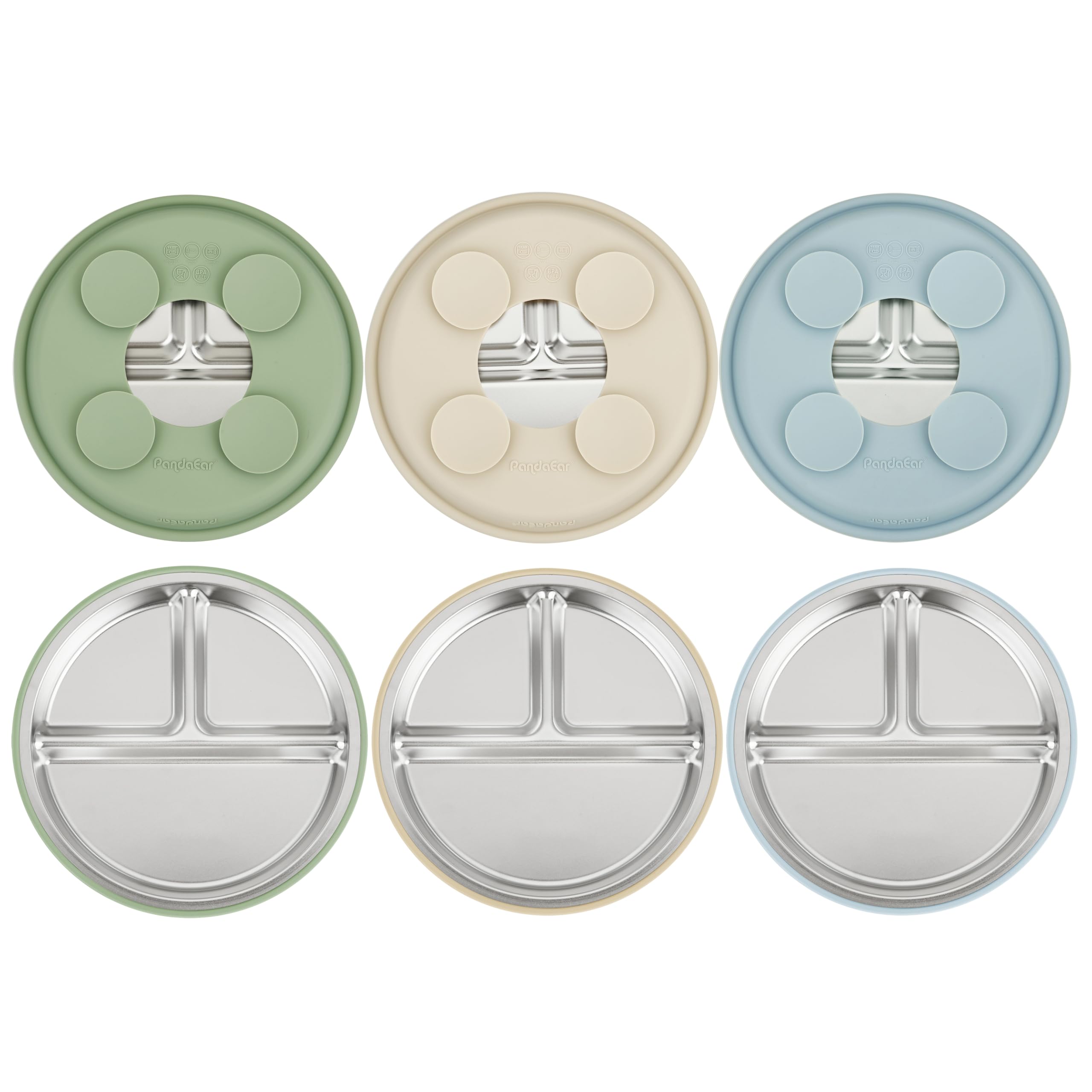 PandaEar platos frontales azul, verde y marrón mostrando diseño y colores prácticos