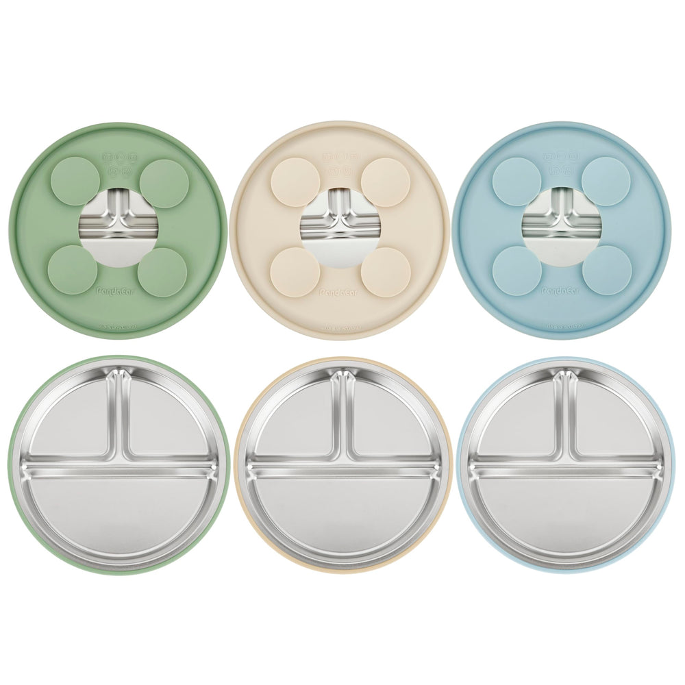 PandaEar platos frontales azul, verde y marrón mostrando diseño y colores prácticos