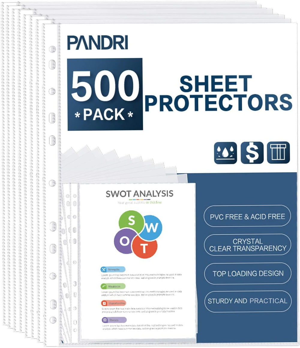 PANDRI paquete 500 fundas frontales mostrando cantidad y tamaño, ideal para organización