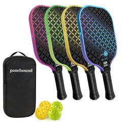 Panel Sound frontal del kit mostrando cuatro palas y pelotas listo para jugar