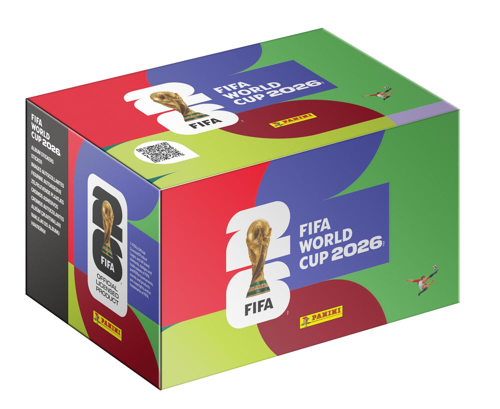 Panini caja frontal mostrando 100 sobres y logotipo oficial, ideal para coleccionar