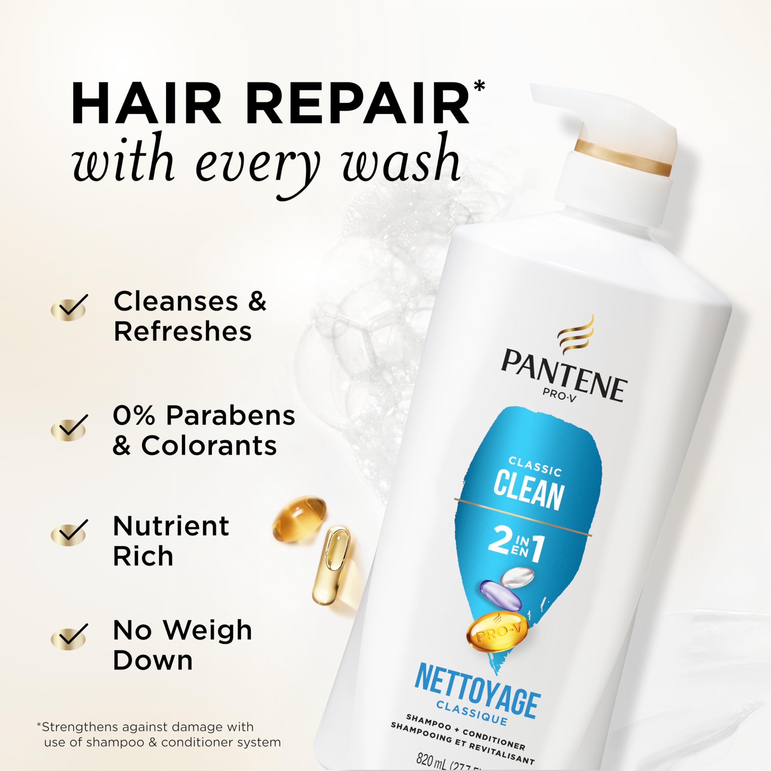 Pantene textura del producto en la mano con aspecto nutritivo y ligero