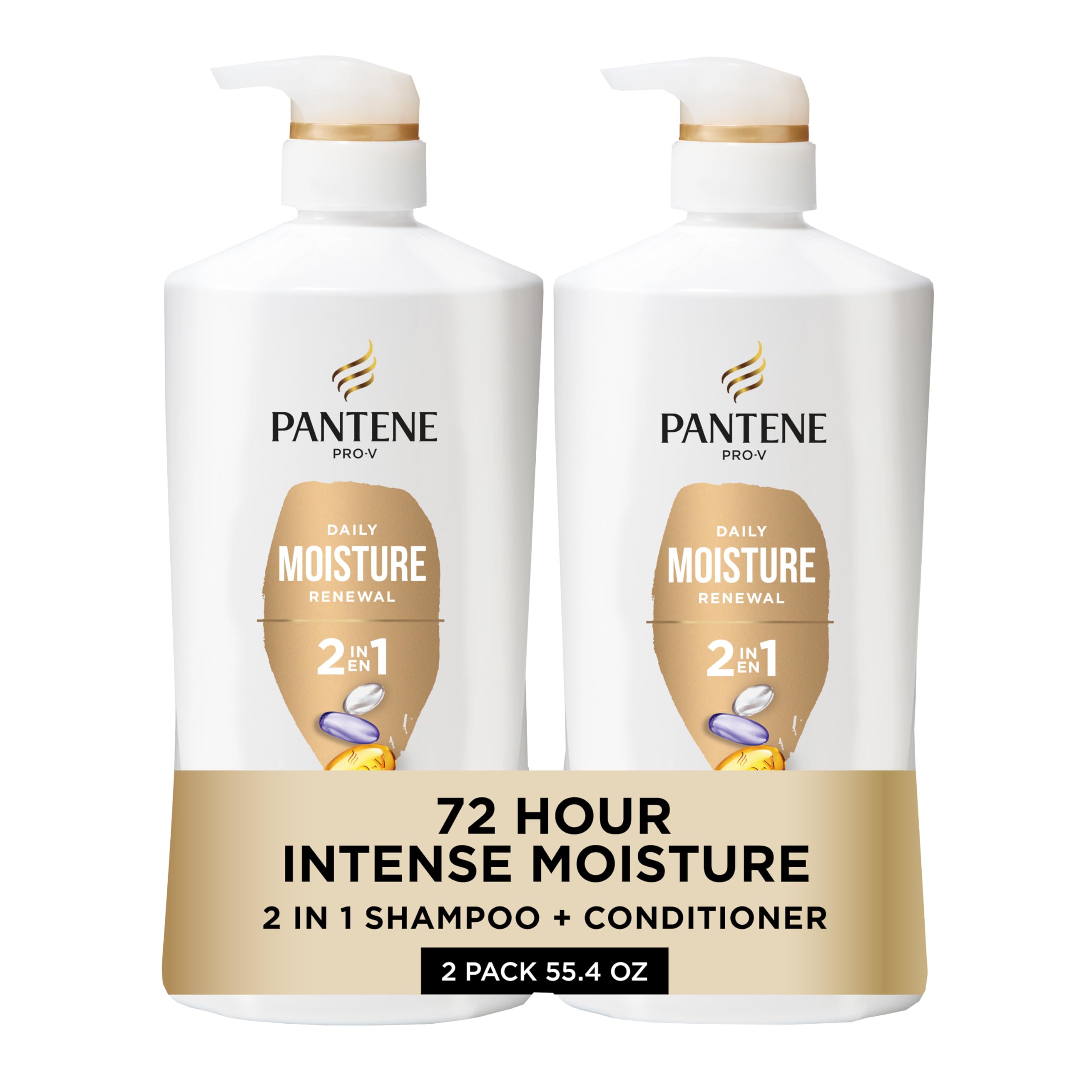 Pantene packaging frontal del 2‑en‑1 mostrando el envase y beneficio hidratante