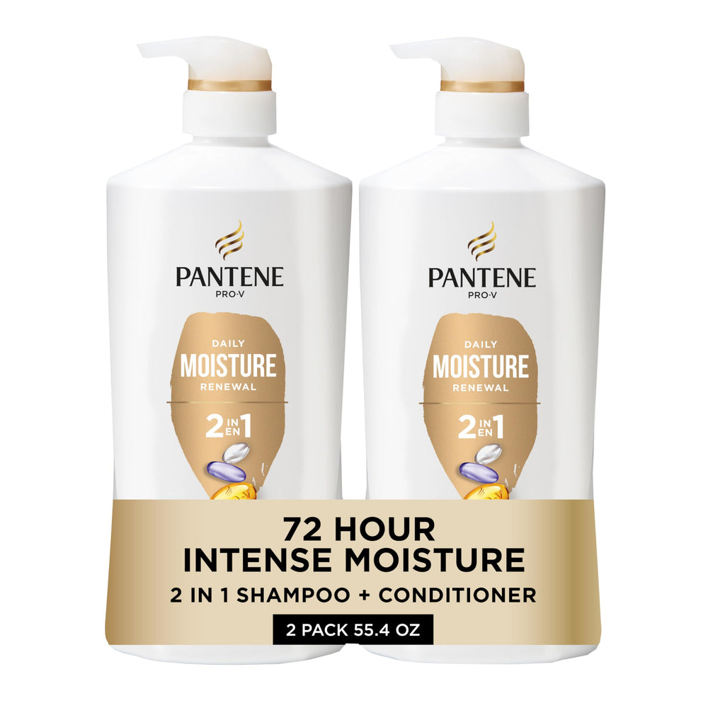 Pantene packaging frontal del 2‑en‑1 mostrando el envase y beneficio hidratante