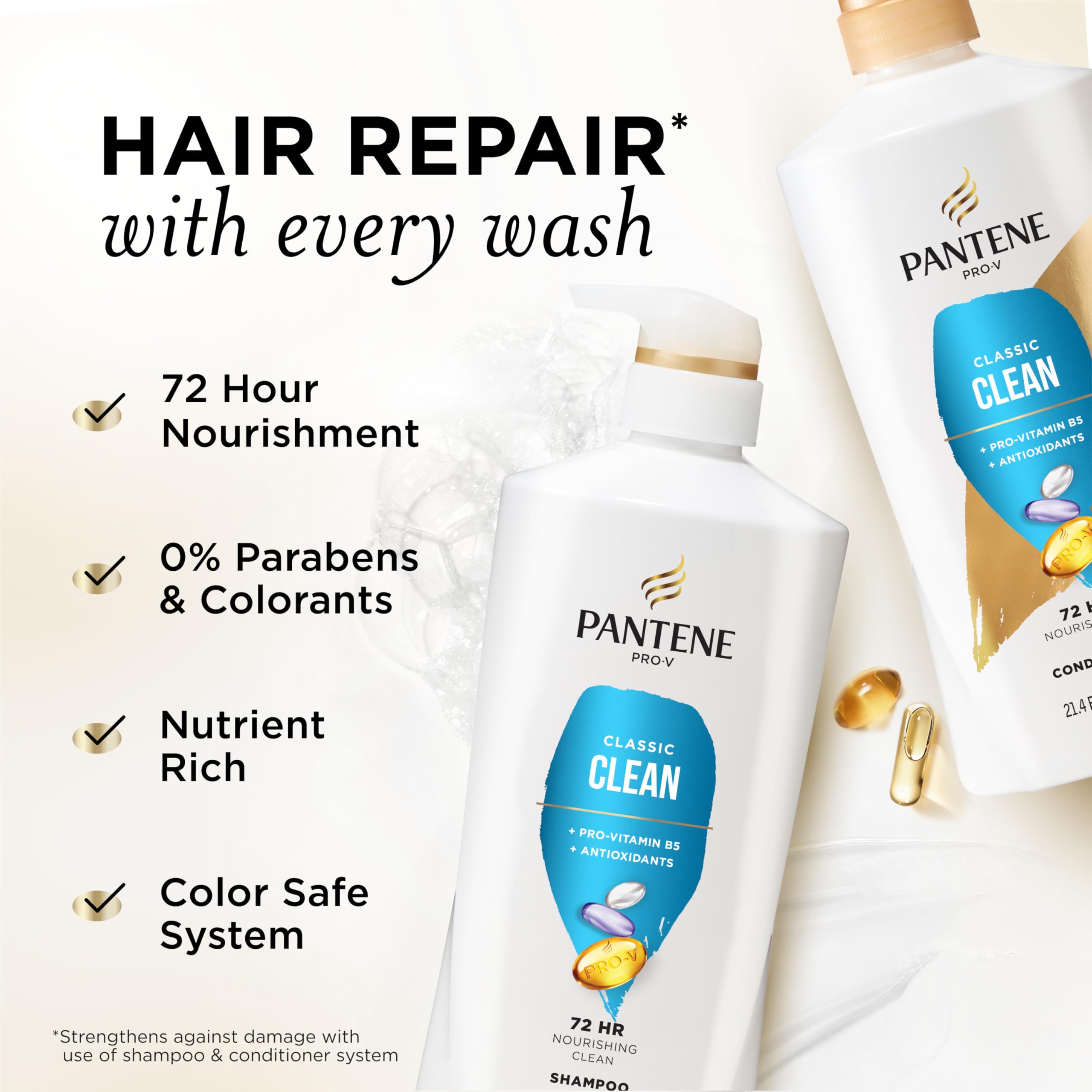 Textura del champú Pantene Classic Clean formando espuma ligera que limpia sin resecar