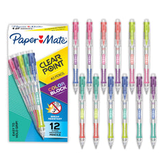 Paper Mate Clearpoint frontal del paquete mostrando 12 lápices y beneficio visual