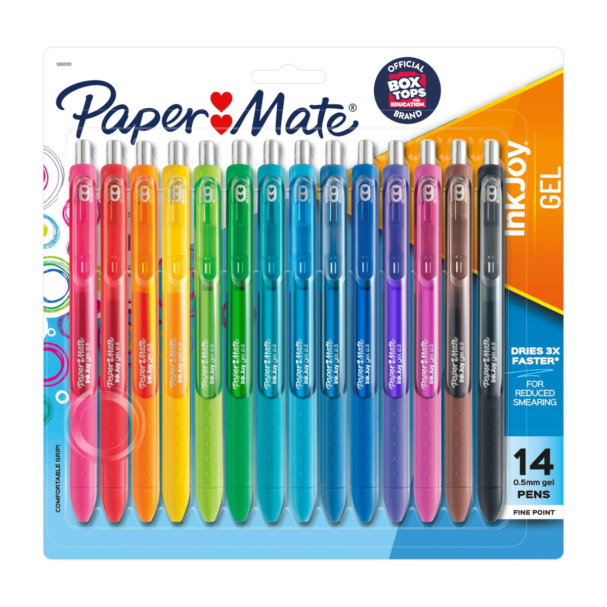 Paper Mate paquete frontal mostrando 14 colores surtidos y beneficios de uso