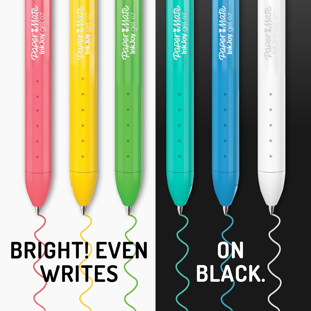 Paper Mate muestra de tintas clásicas en papel blanco con colores vivos