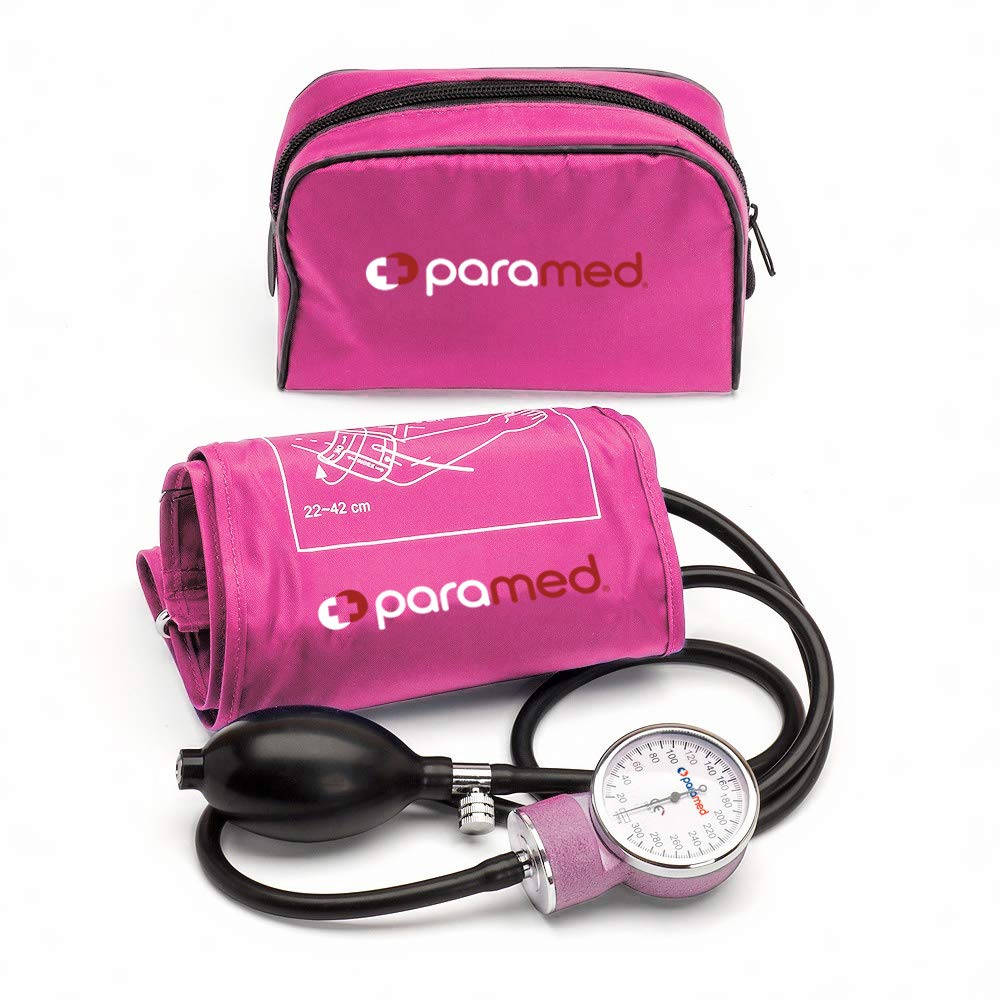 PARAMED vista frontal del esfigmomanómetro rosa con diseño portátil y lectura clara