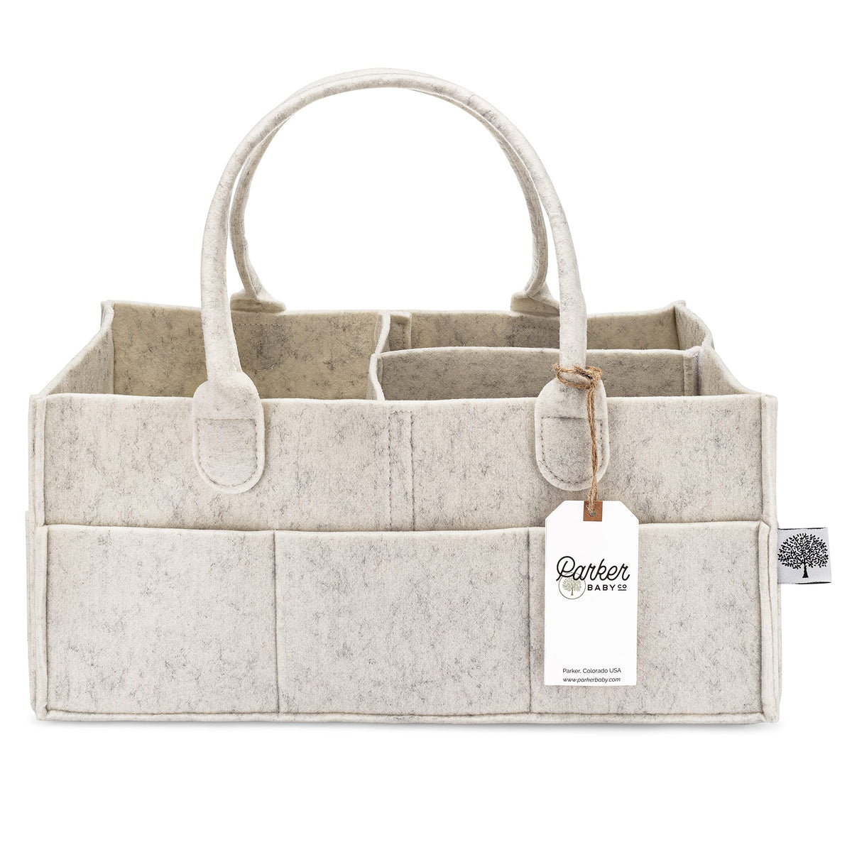 Parker Baby Co caddy frente blanco mostrando organización clara