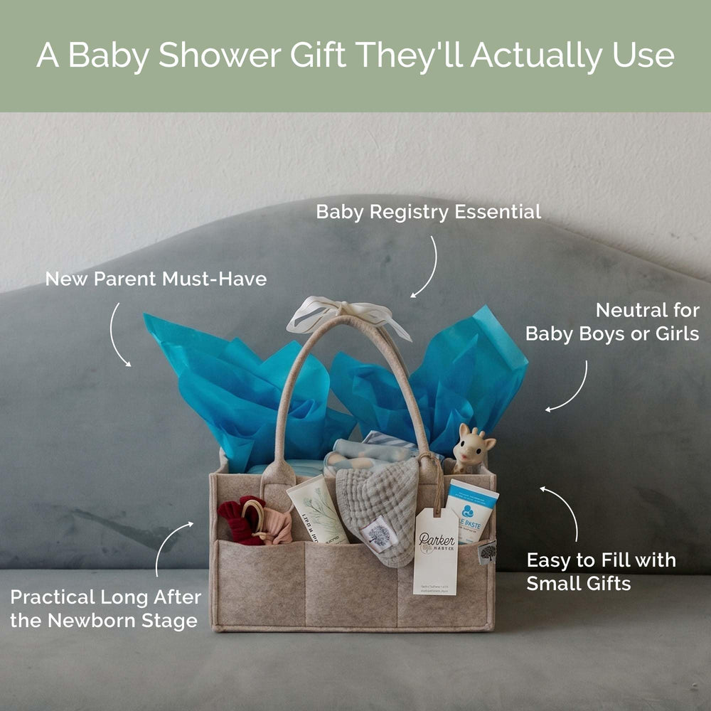 Parker Baby Co. caddy next to diaper pack showing large size capacity