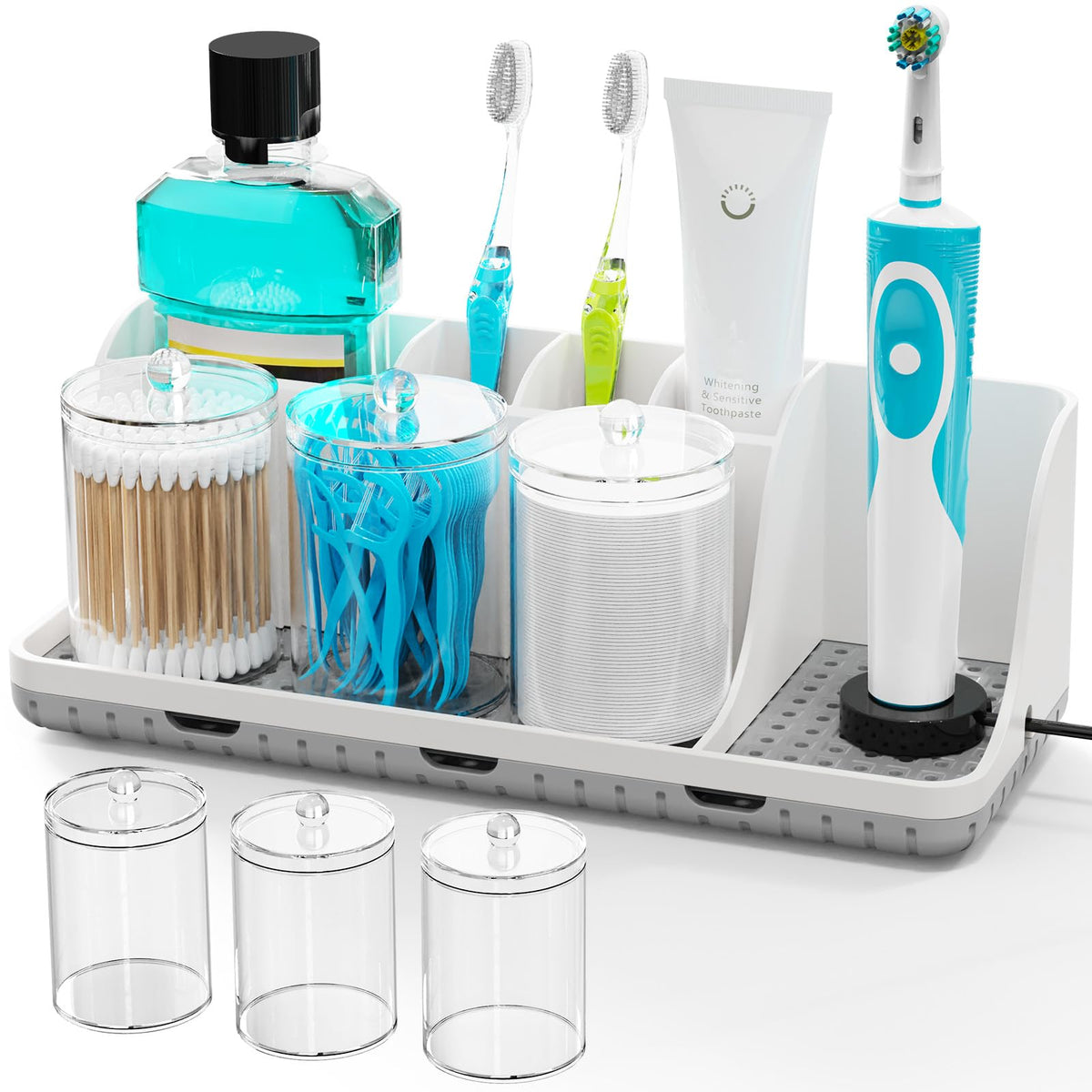 PARKMANI vista frontal del organizador blanco con compartimentos, mantiene el baño ordenado