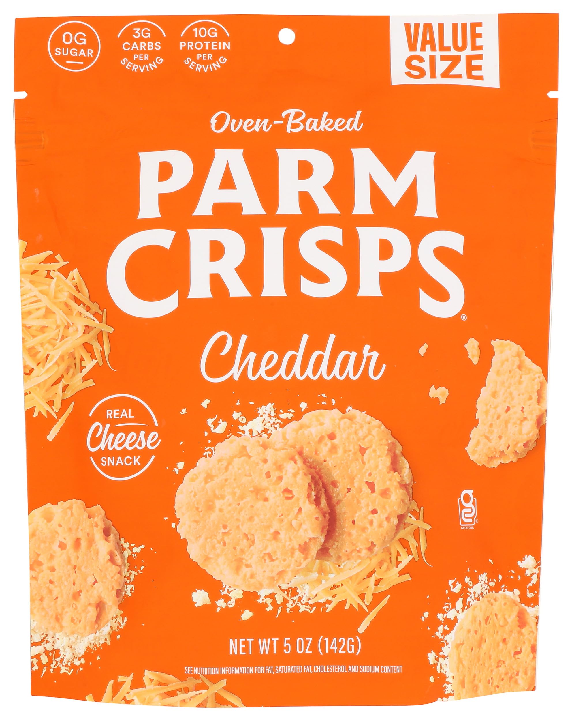 Parmcrisps frente del empaque mostrando sabor cheddar y tamaño familiar