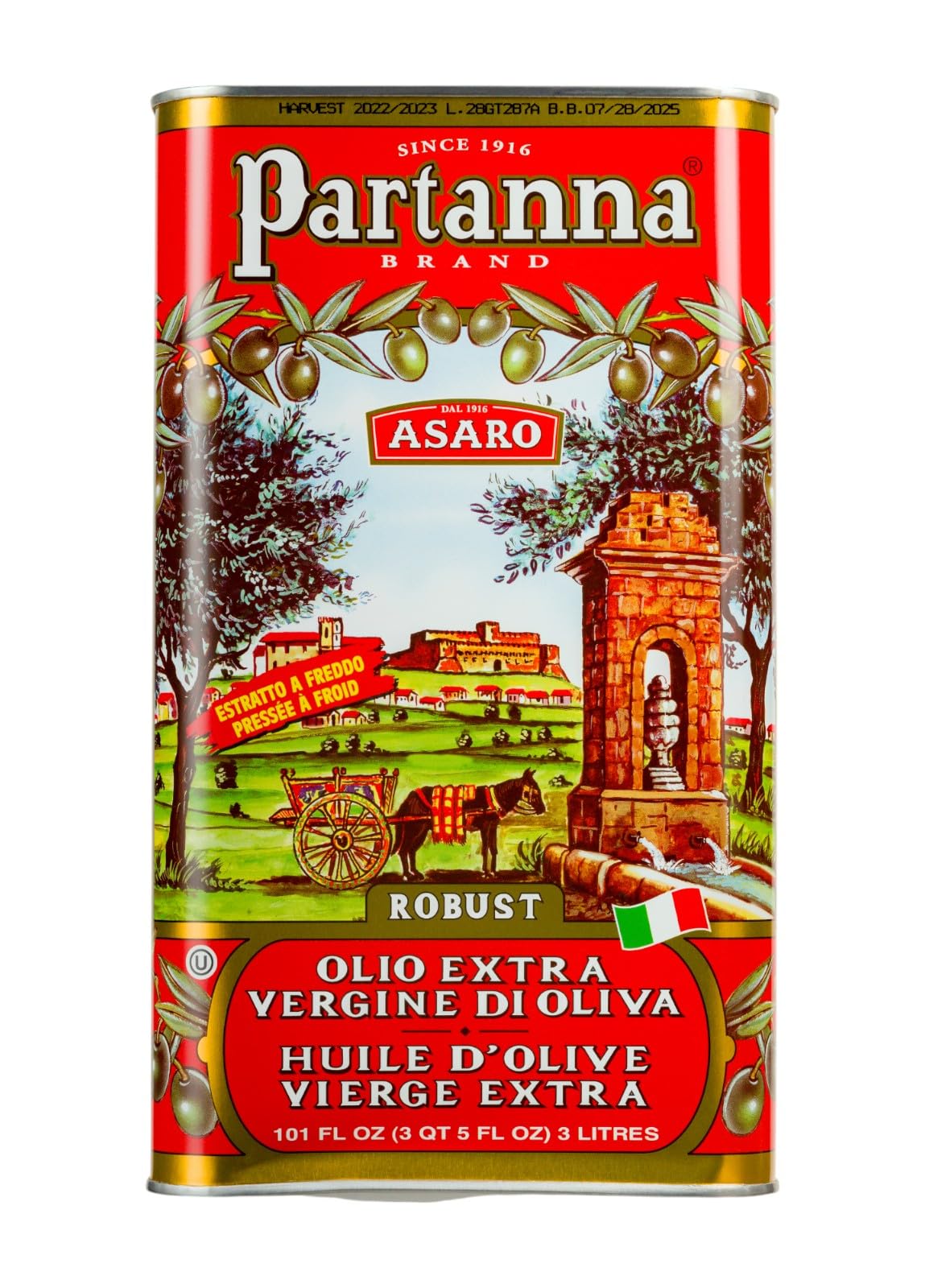 Partanna lata 3 L junto a manos para comparar tamaño y conveniencia de uso
