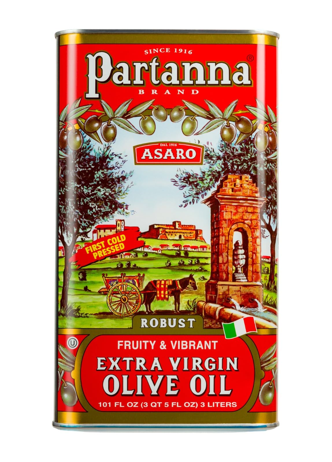 Partanna lata frontal roja de 3 L mostrando su diseño y facilidad de almacenamiento