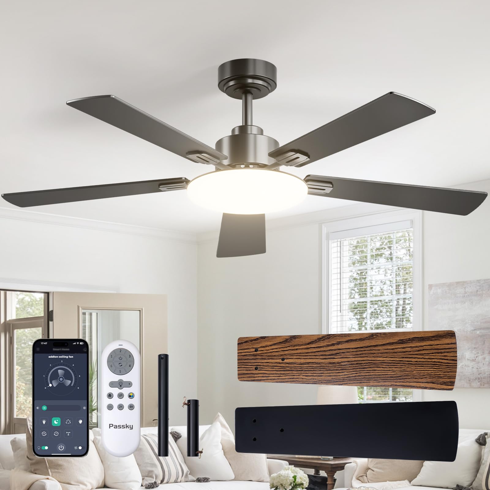 Passky vista frontal del ventilador 52" negro mejora estética y circulación