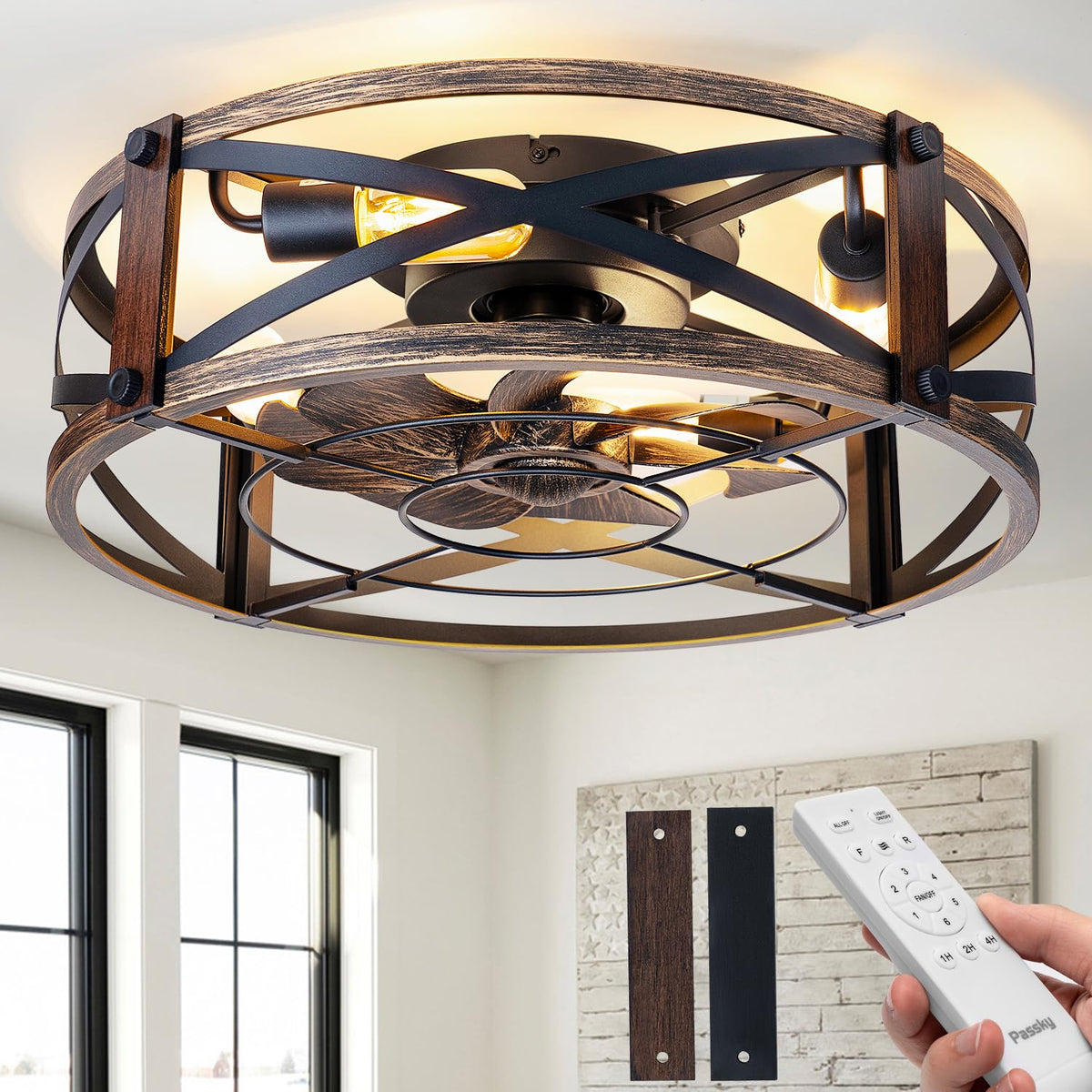 Passky ventilador vista frontal con jaula, estilo industrial y ahorro energético