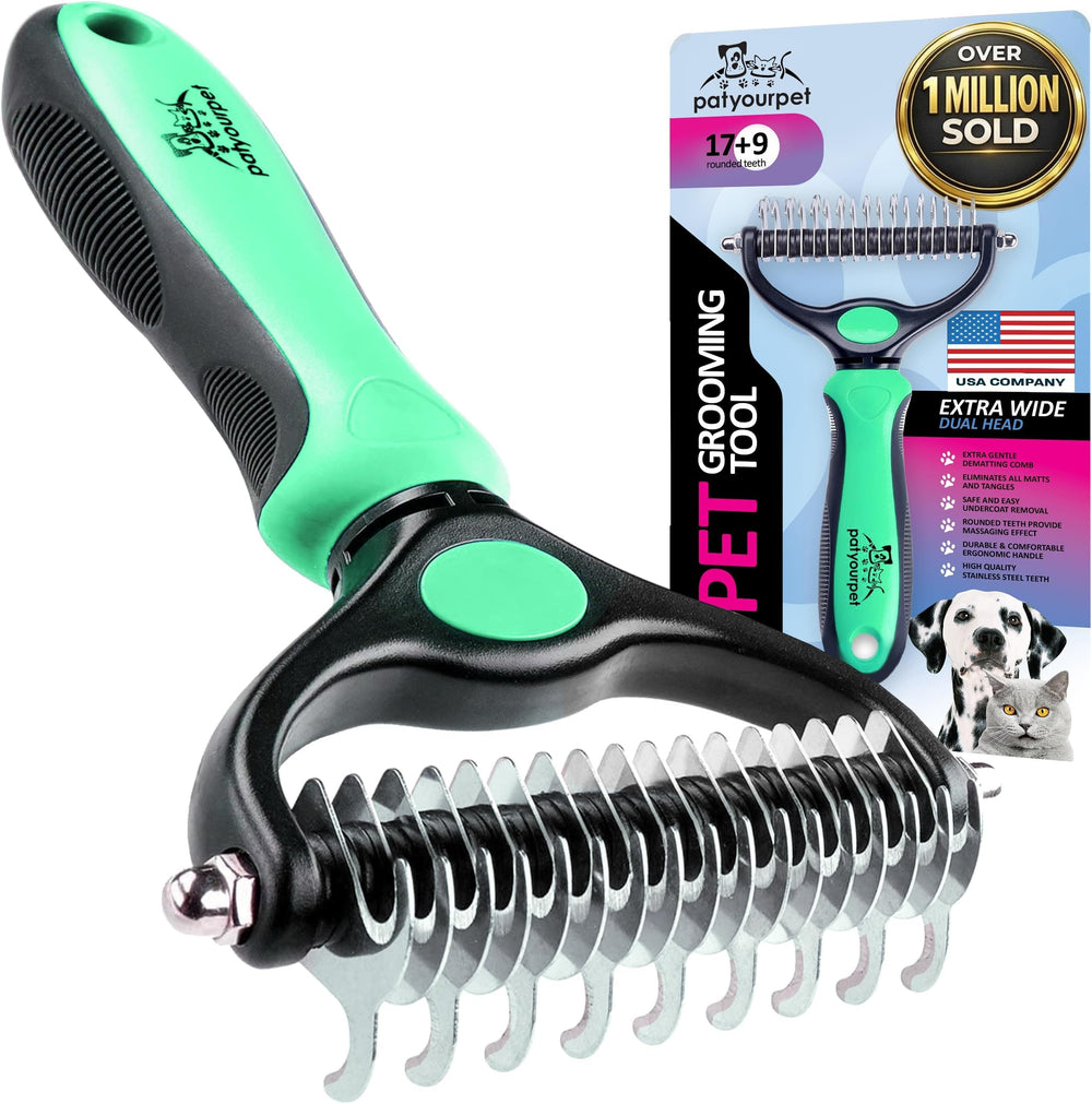 Pat Your Pet cepillo frontal mostrando diseño doble y eficacia