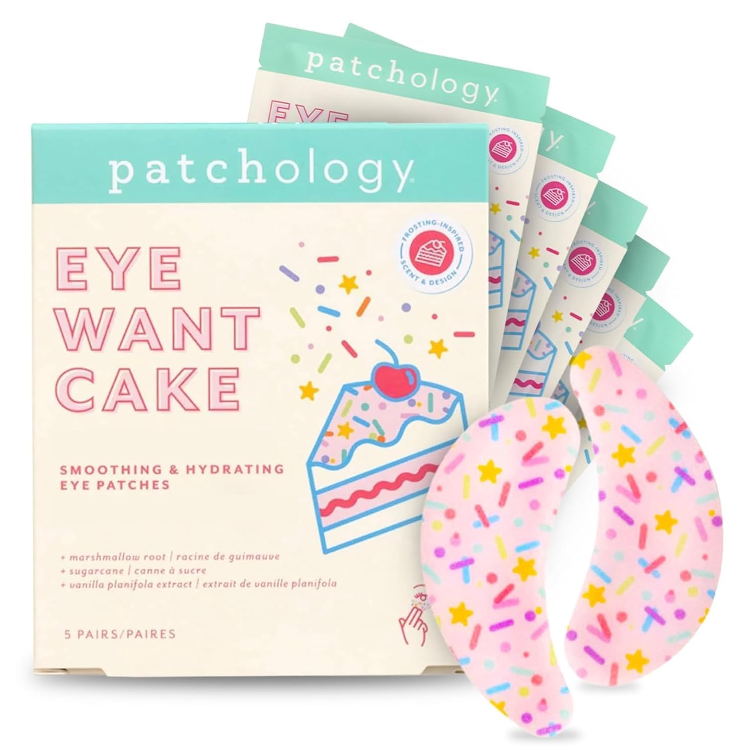 Patchology empaque frontal mostrando cinco parches y diseño festivo, hidratación rápida