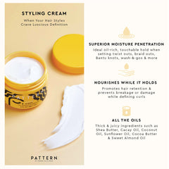 PATTERN frasco junto a manteca de karité y aceites, ingredientes nutritivos destacados