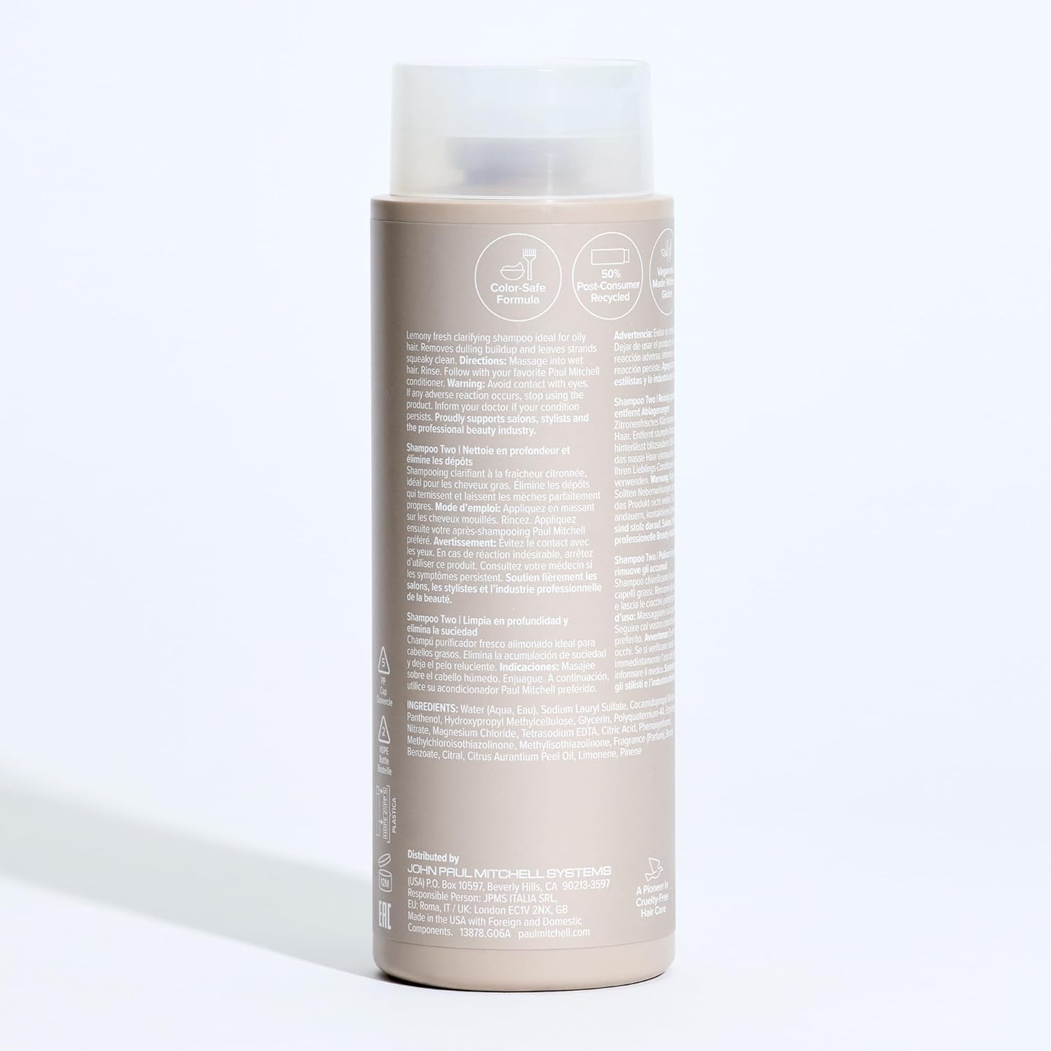 Paul Mitchell champú Two envase reciclado resaltando compromiso ambiental y reciclabilidad
